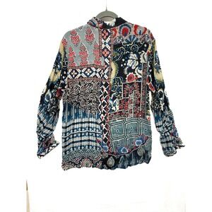 Shana Blue Multicolor‎ Viscose Silk Patchwork Print Button Up Blouse M